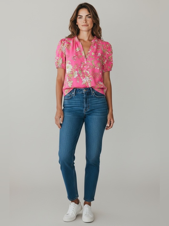 Current Air Tops - Current Air Short Sleeve Ruffle Collar Blouse // Pink Floral // Small